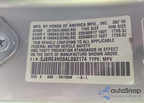 2010 Honda Cr-V Ex from USA, damaged, VIN 5J6RE4H59AL093174